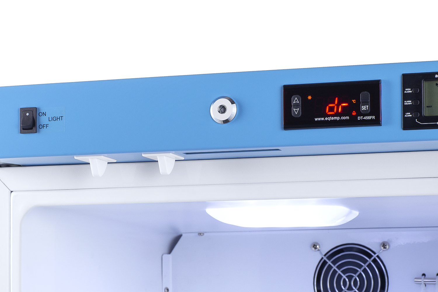 Healthcare all-refrigerator with self-closing glass door, front lock, digital controls, and external temperature readout
